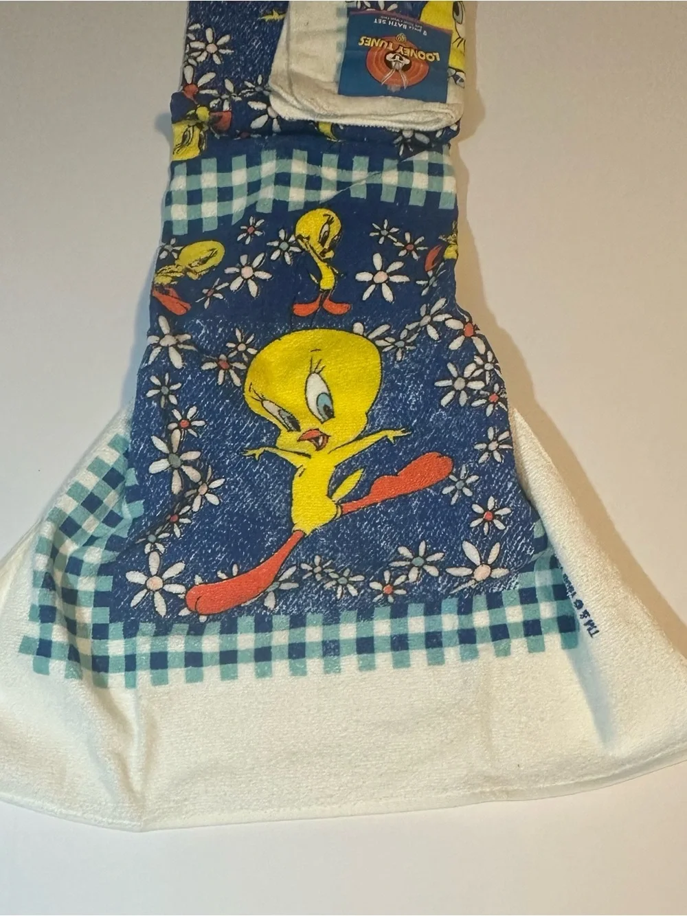 Vtg 90s Looney Tunes Tweety Bird Bath Towel Washcloth Set Gingham Floral